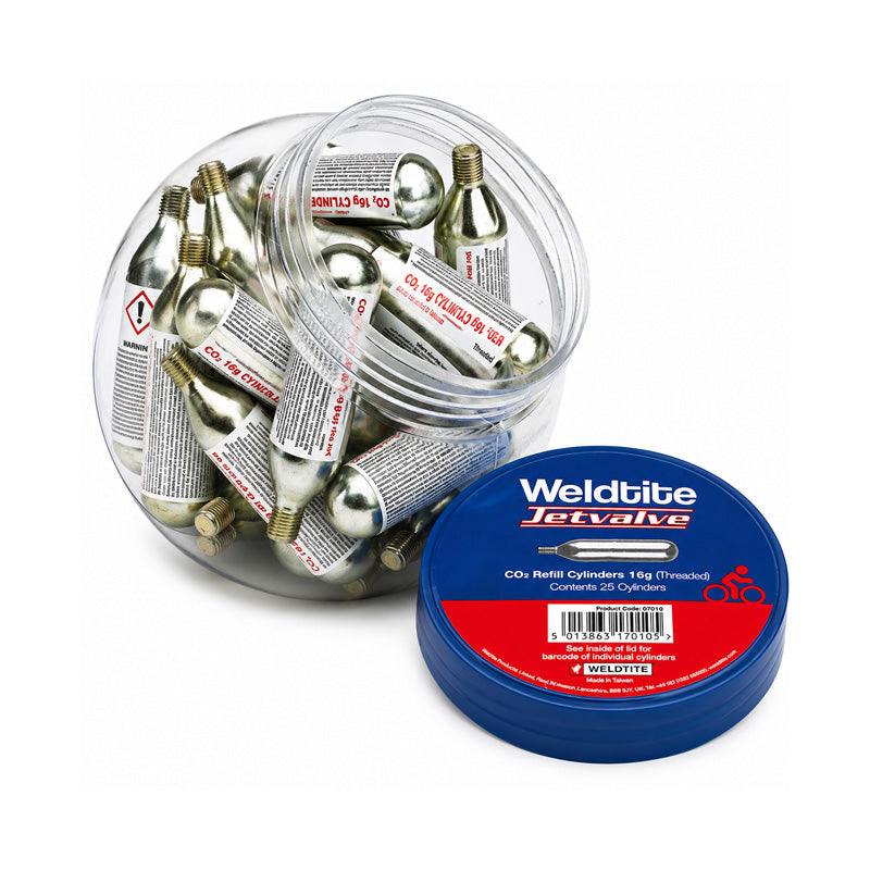 Jar of 25 Jetvalve (16g) CO2 Tyre Inflation Threaded Refill Gas Cylinders