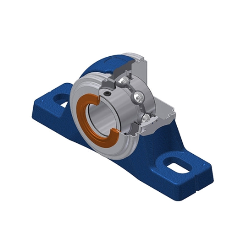 SNR UCPLE208CO Metric Cast Iron Two Bolt Pillow / Plummer Block Housing with 40mm Bore Insert with Narrow Steel Plate Cover - Open Version - Allow 2-3 Days