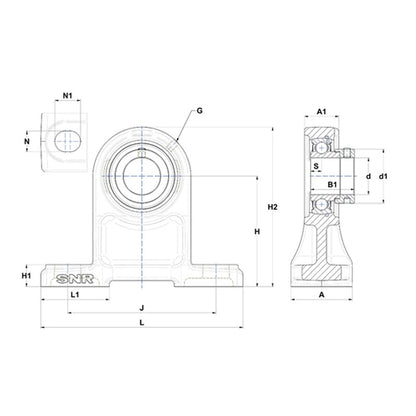 SNR ESPH205 Metric Cast Iron High Centre Height Two Bolt Pillow / Plummer Block Housing with 25mm Bore Eccentric Collar Insert - Allow 2-3 Days