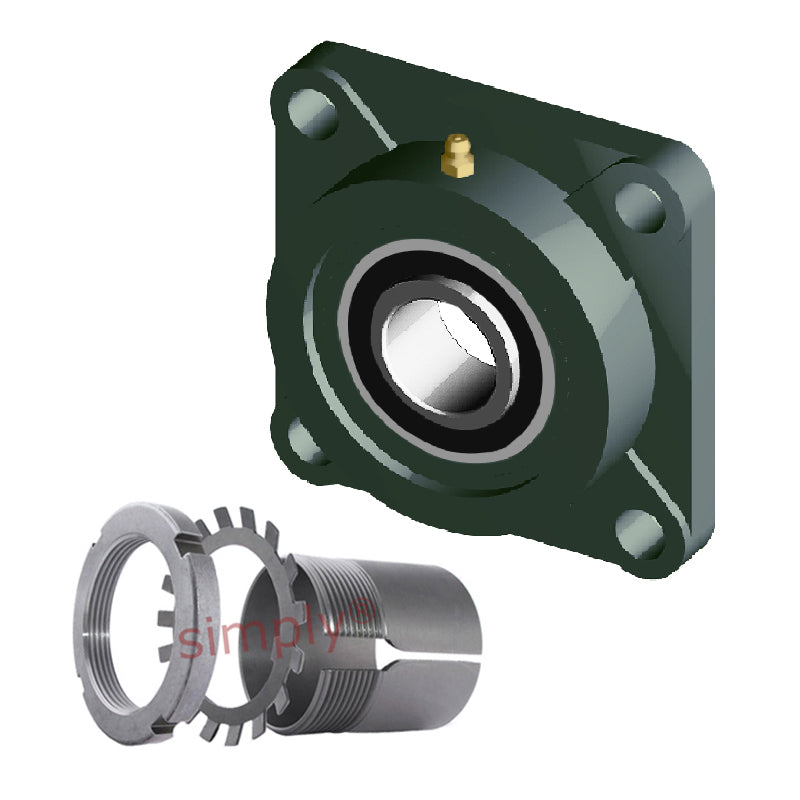 NTN UKF311D1/HA2311 Imperial Four Bolt Square Cast Iron Housing Insert and Adaptor Sleeve Fits 1-15/16 inch Shaft - Allow 2-3 Days