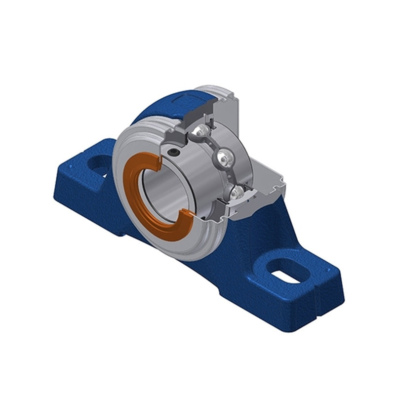 SNR UCPE206CO Metric Cast Iron Two Bolt Pillow / Plummer Block Housing with 30mm Bore Insert with Narrow Steel Plate Cover - Open Version - Allow 2-3 Days