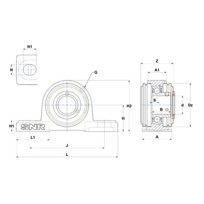 SNR USP210CO Metric Cast Iron Two Bolt Pillow / Plummer Block Housing with 50mm Bore Insert with Narrow Steel Plate Cover - Open Version - Allow 2-3 Days