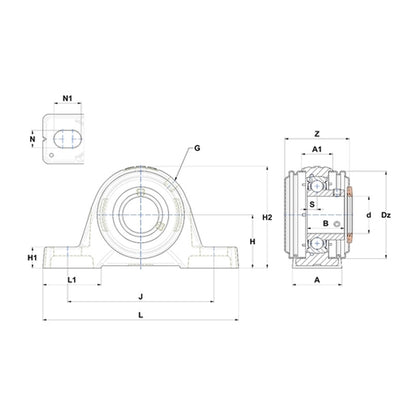 SNR USPE206CC Metric Cast Iron Two Bolt Pillow / Plummer Block Housing with 30mm Bore Insert with Narrow Steel Plate Cover - Closed Version - Allow 2-3 Days