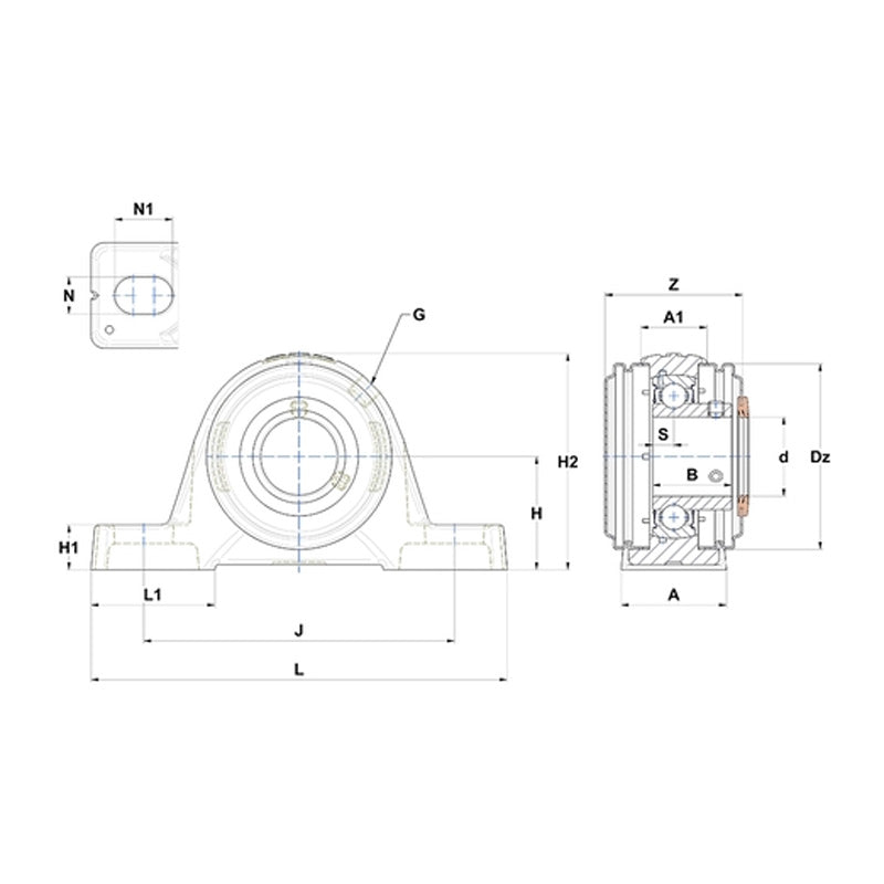 SNR USPE211CO Metric Cast Iron Two Bolt Pillow / Plummer Block Housing with 55mm Bore Insert with Narrow Steel Plate Cover - Open Version - Allow 2-3 Days
