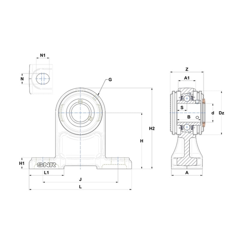 SNR USPH206CC Metric Cast Iron High Centre Height Two Bolt Pillow / Plummer Block Housing with 30mm Bore Insert with Narrow Steel Plate Cover - Closed Version - Allow 2-3 Days